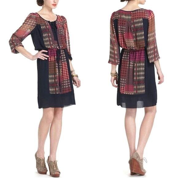 Anthropologie Maeve Peasant Patchwork Print Boho Dress Mini Navy Blue Red Tan XS - Picture 15 of 16